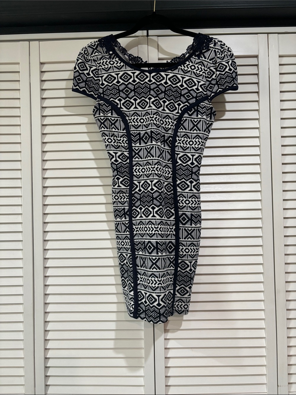 Navy Blue & White Patterned Cap-Sleeve Dress, Lace Appliqué